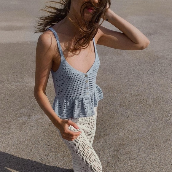 ZARA Baby Blue Peplum Crochet Crop Top | OFFERS WELCOME - Picture 1 of 15